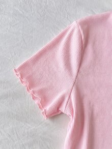 SHEIN Tween Girl Pajamas, Simple Cute Retro Polka Dot Cartoon Bear Pattern, Round Neck Short Sleeve Long Pants With Ruffle Hem, - Pink - View 7