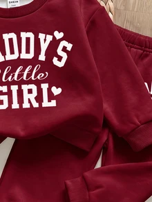 酒紅色可愛字母 Daddy's Little Girl❤ 女童休閒加厚柔軟長袖圓領運動衫與運動長褲套裝，適合秋冬日常穿著與外出 - 彩色 - 查看 8