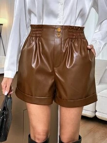 Easowa 女款 PU 斜口袋短褲，休閒性感寬鬆優雅通勤老錢風，夏季/日常外出夜色黑色 - 棕色 - 查看 5