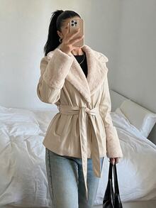 SHEIN EZwear Solid Color Long Sleeve Casual PU Patchwork Waisted Jacket With Drawstring In Fall/Winter - Apricot - View 7