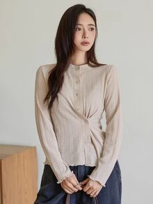Dazy-Less Women's Korean Style Button Pleated Textured T-Shirt - Blue - View 4