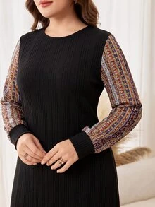 Seusyu Plus Size Women's Black Knit Textured Striped Long Sleeve Digital Print A-Line Elegant Romantic Dress - Multicolor - View 6