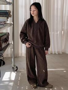 DAZY Tween Girl Solid Color Long Sleeve Jacket And Pants Casual Daily Outfit Set - Brown - View 3