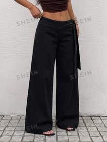 Rivivi Fashionable White Tie-Up Washed Denim Wide-Leg Pants Vacation Summer Streetwear Casual - Black - View 5