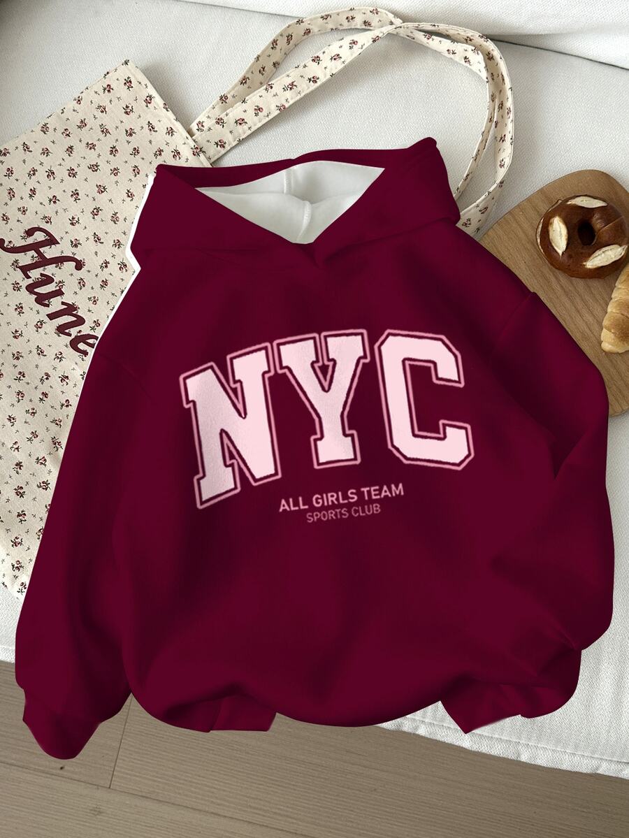 Tween女孩新款復古酒紅色極簡百搭NYC字母印花休閒抓絨寬鬆連帽衛衣,適合秋冬日常、外出、校園、運動,美式街頭甜酷隨性風 - 中紫紅色 - 查看 1