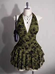 SHEIN ICON 女款大尺碼復古性感休閒千禧風Y2K優雅哥德約會深V領掛脖黑色網紗植絨蛋糕裙冬季 - 軍綠色 - 查看 1