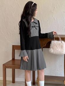 Dazy Kids Tween Girl Lapel Striped Bell Sleeve Long Sleeve Autumn Short Dress With Color Block Patchwork Design - Black - View 5
