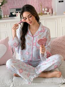 SweetSlumber Women's Sweet Cute Bear Plaid Print Colorblock Collar Pajama Set - Multicolor - View 5