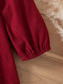 Infant & Baby GirlFloral Patchwork Frill Trim Corduroy Long Sleeve Dress, Burgundy A-Line Princess Dress - Burgundy - View 6