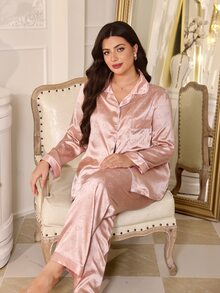 MuseNap CURVE Elegant Plus Size Satin Pink Heart Jacquard Lapel Cardigan Long Sleeve Pants Pajama Set For Women - Baby Pink - View 5