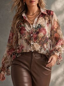 Ceyna Plus Size Autumn/Winter New Rose Peony Floral Pattern Chiffon Fabric Long Sleeve Valentine's Day Party Blouse - Multicolor - View 4