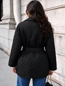 Easura Plus Size Quilted Long Sleeve Padded Coat With Pockets, Autumn/Winter - Black - View 2