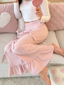 SweetSlumber Women's Sweet & Cute Bow Ruffle Pajama Pants, Wearable Sleepwear Bottoms - Pink - View 4