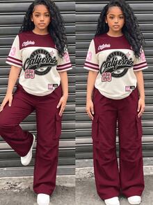 SHEIN 青少年女孩 2件組 短袖圓領甜酷風美式風格套裝，夏季休閒極簡寬鬆針織 - 彩色 - 查看 1