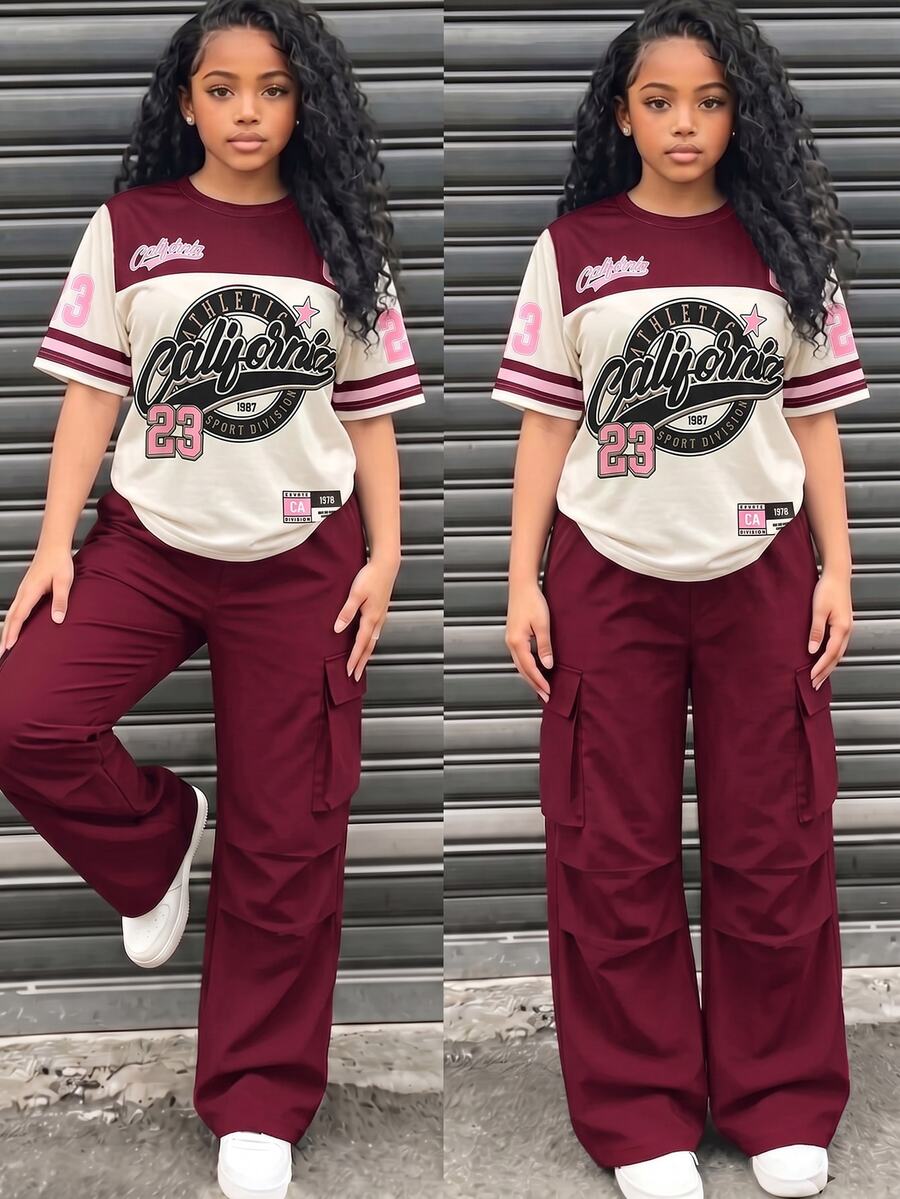 SHEIN 青少年女孩 2件組 短袖圓領甜酷風美式風格套裝,夏季休閒極簡寬鬆針織 - 彩色 - 查看 1
