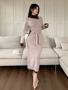 Feyla Women's Colorblock Patchwork Elegant Slim Fit Sweater Dress - Camel - View 2