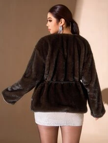 Cravure Plus Size Vintage Elegant Long Sleeve Faux Fur Coat Winter - Coffee Brown - View 2