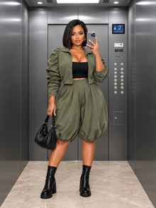 Poshavie Poshavie Women Plus Size Zip Up Ruched Long Sleeve Crop Jacket & Bubble Hem Shorts Set, Casual Fashion TwoPiece Outfit - Green - View 3