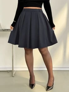 Auralis 大尺碼女款百褶中長裙，優雅通勤開學風，黑白配色，秋季復古學院風喇叭A字收腰下身裙 - 深灰色 - 查看 3