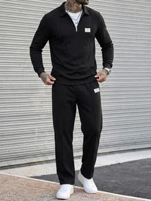 DAZY Men's Half-Zip Pullover Sweatshirt And Pants Set, Spring/Autumn - Black - View 5