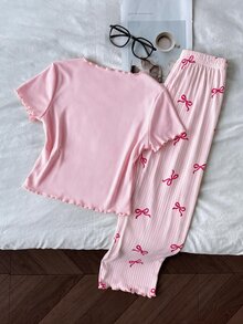 SHEIN Tween Girl Pajamas, Simple Cute Retro Polka Dot Cartoon Bear Pattern, Round Neck Short Sleeve Long Pants With Ruffle Hem, - Pink - View 2