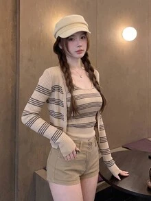 DAZY Relaxed Fit Slimming V-Neck Striped Knit Tank Top & Long Sleeve Cardigan 2 Pieces Set For Women, Early Autumn Elegant Outfit - Apricot - View 5