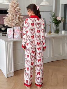 SweetSlumber Sweet Cute INS Christmas Candy Cane Bow Gingerbread Man Print Colorblock Collared Button-Front Woven Women's Pajama Set - Multicolor - View 4