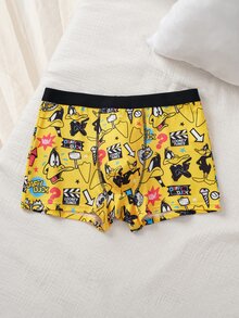 LOONEY TUNES X SHEIN Men's Black Trim Cartoon Print Boxer Briefs - Yellow - View 3