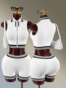 Amplova Women's Colorblock Zip-Up Top And Shorts Casual Daily Sports Outfit - White - View 3
