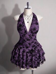 SHEIN ICON 女款大尺碼復古性感休閒千禧風Y2K優雅哥德約會深V領掛脖黑色網紗植絨蛋糕裙冬季 - 紫色 - 查看 3