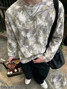 Manfinity Dauomo 男士葉片印花圓領長袖休閒街頭風T恤 生日海灘灰色迷彩款 秋季 - 黑色 - 查看 1