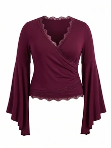 Sweetra CURVE Plus Size Burgundy Asymmetrical Long Sleeve Wrap Lace Trim Sexy T-Shirt, Autumn/Winter - Burgundy - View 4