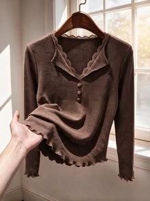 Rusticease 女款長袖對比蕾絲V領鈕扣荷葉邊上衣，咖啡棕色，適合早午餐、辦公室、咖啡廳，秋季休閒法式優雅風 - 棕色 - 查看 3