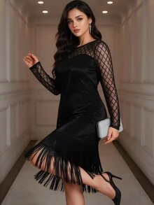 Velvienne Plus Size Women's Round Neck Mesh Patchwork Casual Party Summer Dress - Black - View 4