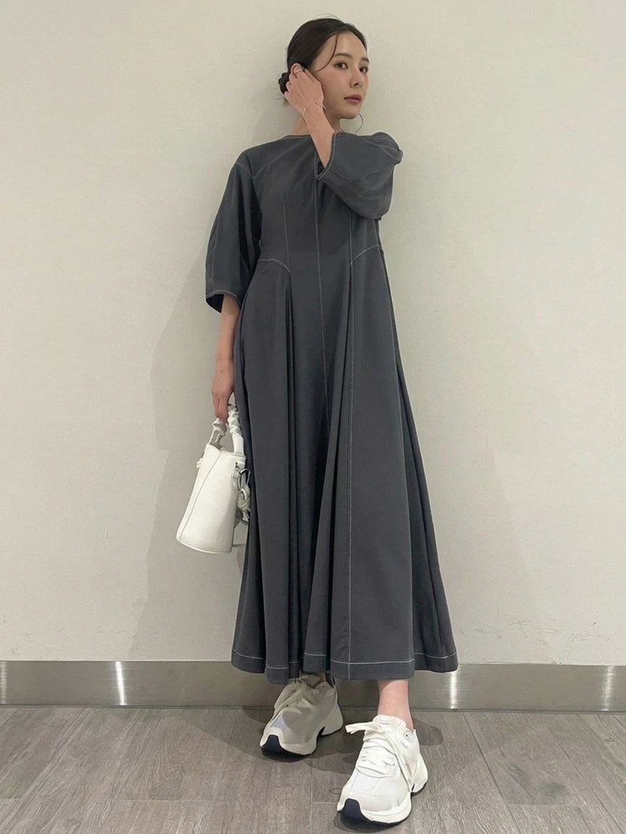 Dazy-Less Women's Elegant Versatile Pleated Long Sleeve Dress - Grey - View 1