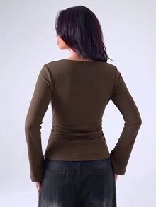 LYSMO Áo thun nữ tay dài gân tăm đính đinh tán phong cách tối giản - Cà phê nâu - Xem 2
