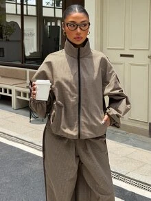 Muchica 棕色格紋兩件套夾克與長褲套裝，棕色格紋拼接織帶，編織休閒街頭風 Y2K，適合派對、日常通勤、聖誕節、新年、感恩節、婚禮、畢業典禮、優雅出遊約會等場合 - 咖啡棕 - 查看 8