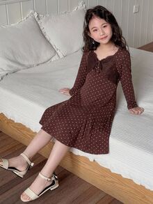 Dazy Kids Tween Girl Polka Dot Bowknot Design Long Sleeve Cinched Waist A-Line Dress Loungewear - Brown - View 2