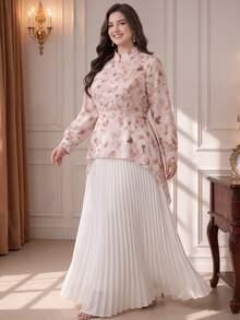 Rometta Plus Size Multi-Color Floral All-Over Print Stand Collar Frog Button Long Sleeve Cinched Waist A-Line Front Short Back Long Hem Blouse + Elastic Waist Full Skirt 2 Pieces Set Elegant Chinese Style For Outing, Date, Gathering, Party - Multicolor - View 1