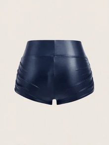 SHEIN EZwear 女款純色抓皺黑色PU皮革短褲 夏季性感夜店風 - 藏蓝色 - 查看 2