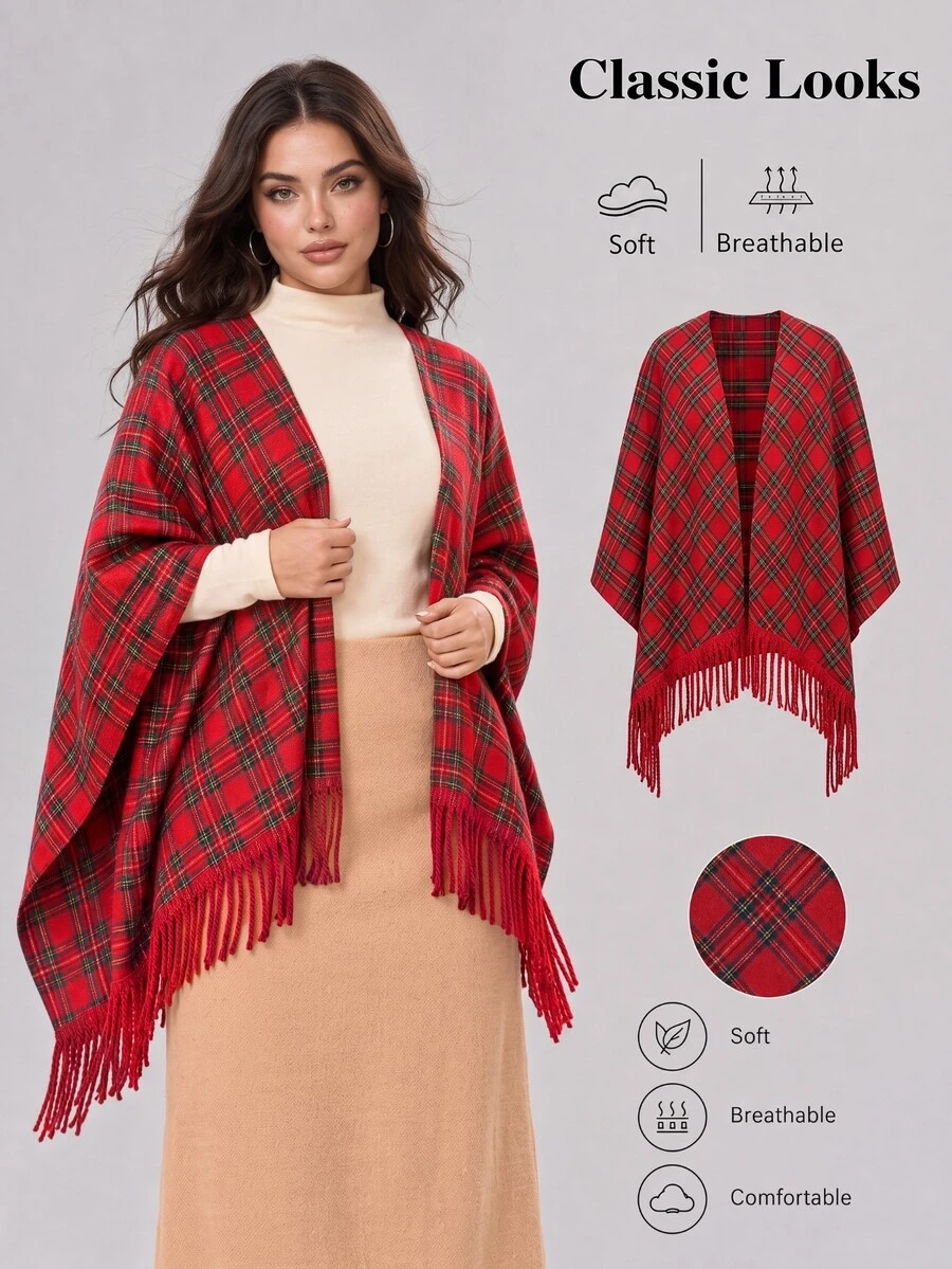Sweetra Plus Size Women's Colorblock Plaid Hem Patchwork Tassel Loose Wool Cape Coat - Multicolor - View 1