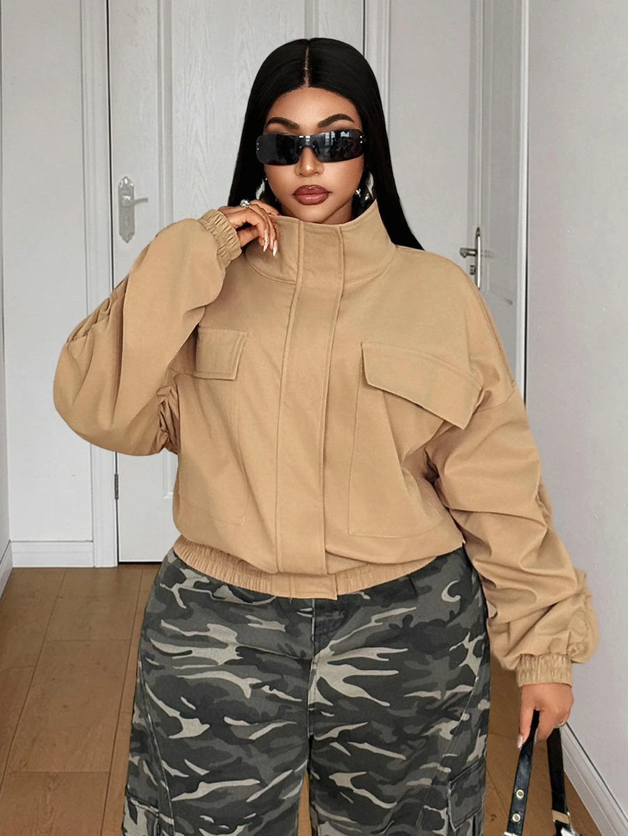 Maweii Plus Size American Style Short Khaki Casual Streetwear Utility Jacket - Khaki - View 1