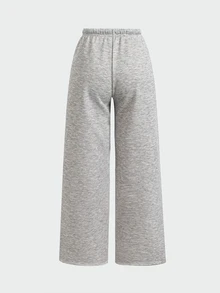 SHEIN 青少年女孩秋冬保暖內裡加厚寬鬆寬腿運動長褲 花卉灰色淺灰色 日常休閒百搭簡約舒適抽繩長褲 - 淺灰色 - 查看 3