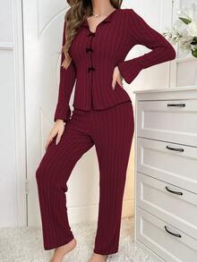 SHEIN 女款休閒蝴蝶結裝飾睡衣套裝，秋冬服飾，舒適優雅細節 - 酒紅色 - 查看 4
