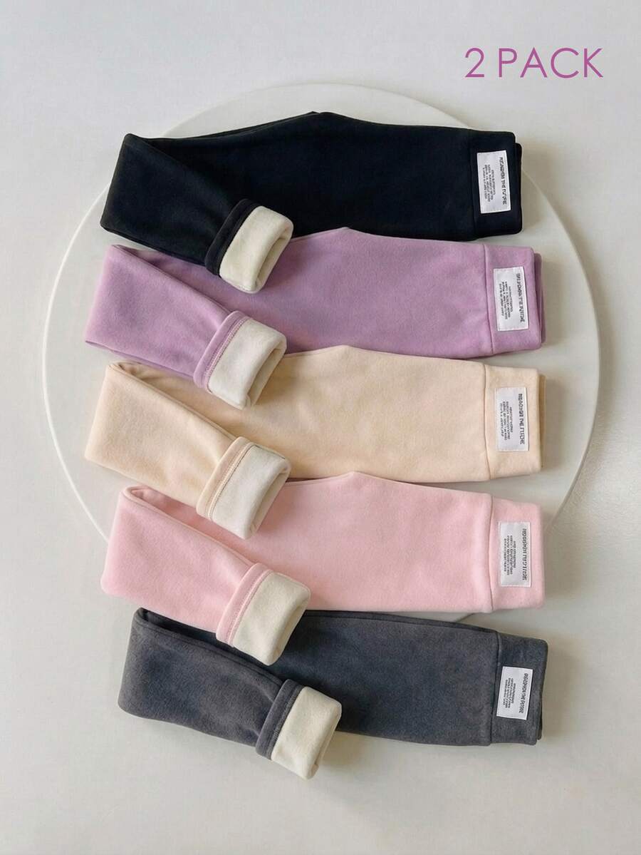 SHEIN 青少年女孩兩件式貼身抓絨保暖內搭褲,腰部貼布裝飾,時尚秋冬款 - 彩色 - 查看 1