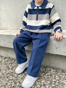 SHEIN 男童春夏純色條紋簡約休閒風無圖案修身 Polo 領半拉鍊長袖套頭上衣搭配長褲套裝 S - 寶藍色 - 查看 1