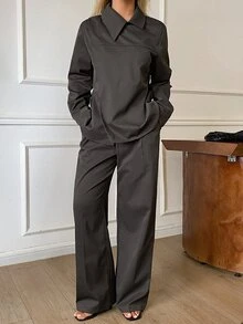 Livesso Women's 2pcs Set: Grey Round Neck Long Sleeve Fitted Waist Top And High Waist Loose Wide Leg Pants, Autumn/Winter - Grey - View 4