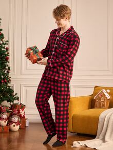 Notgurli Men's Red & Black Plaid 2 Pieces Pajama Set, Lapel Button-Up Long Sleeve Top & Long Pants, Loose Fit Loungewear For Autumn/Winter - Red - View 5