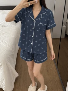 Napfluff 100%純棉女款睡衣套裝，短袖短褲，雙層克雷普布料，寬鬆居家服2件套 - 藏蓝色 - 查看 6