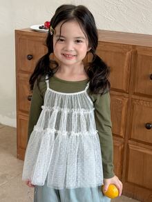 Dazy Kids Young Girl 2-In-1 Faux Layered Patchwork Casual Daily Long Sleeve T-Shirt - Green - View 2